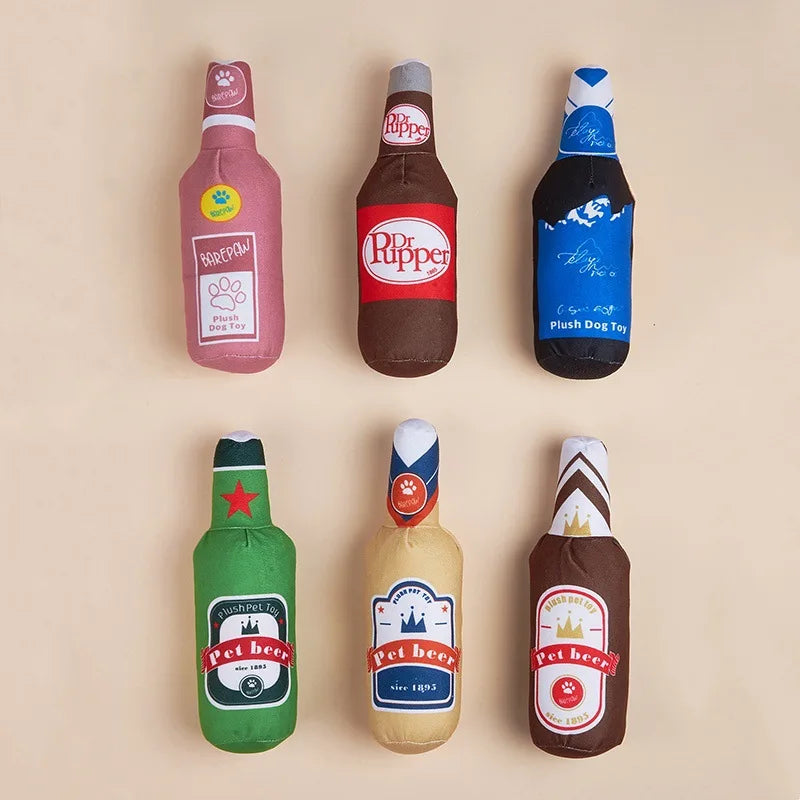 Plush Wine Bottle Dog Toy Series - Crinkle, BB Rattles & Noisemaker Fun! Funny Pet Chew Toy