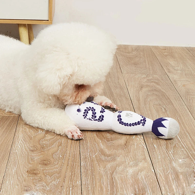 Funny Tequila Bottle Plush Dog Toy - Blue & White Porcelain Style with Squeaker
