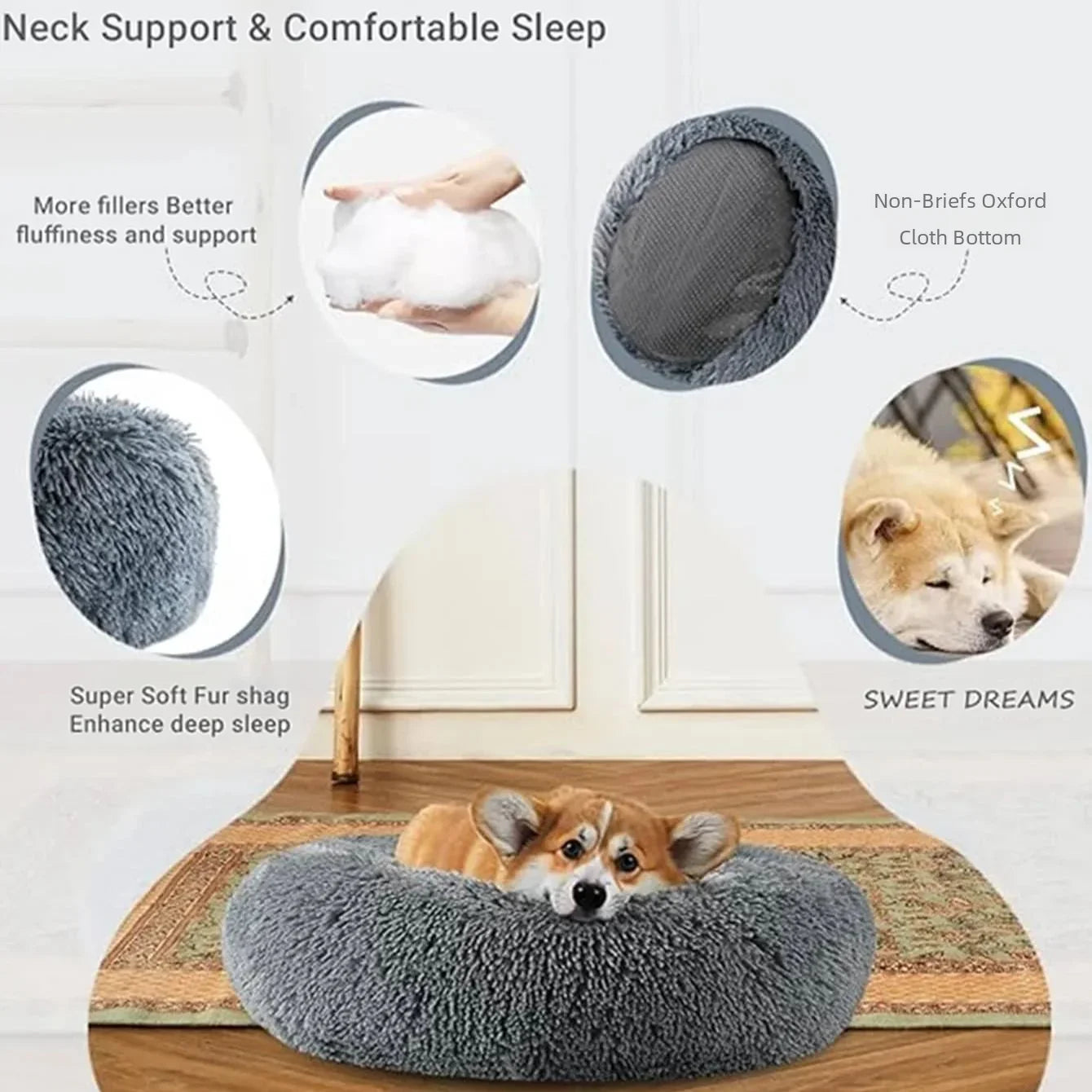 Round Plush Donut Pet Bed - Super Soft Calming Cuddler for Dogs & Cats (6 Sizes: 40–90cm)