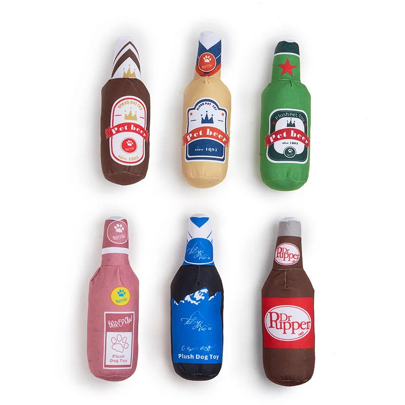 Plush Wine Bottle Dog Toy Series - Crinkle, BB Rattles & Noisemaker Fun! Funny Pet Chew Toy
