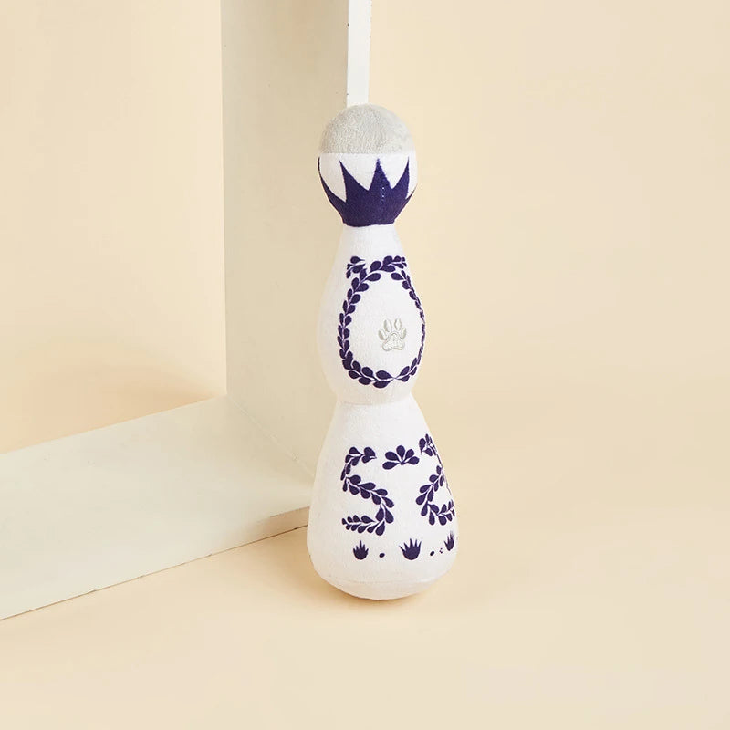 Funny Tequila Bottle Plush Dog Toy - Blue & White Porcelain Style with Squeaker