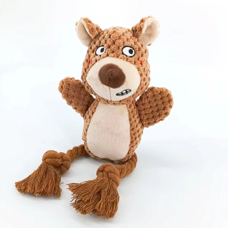 Cute Cartoon Animal Plush Dog Toy with Rope Legs & BB Squeaker - Interactive Chew & Tug Toy for Puppies & Dogs