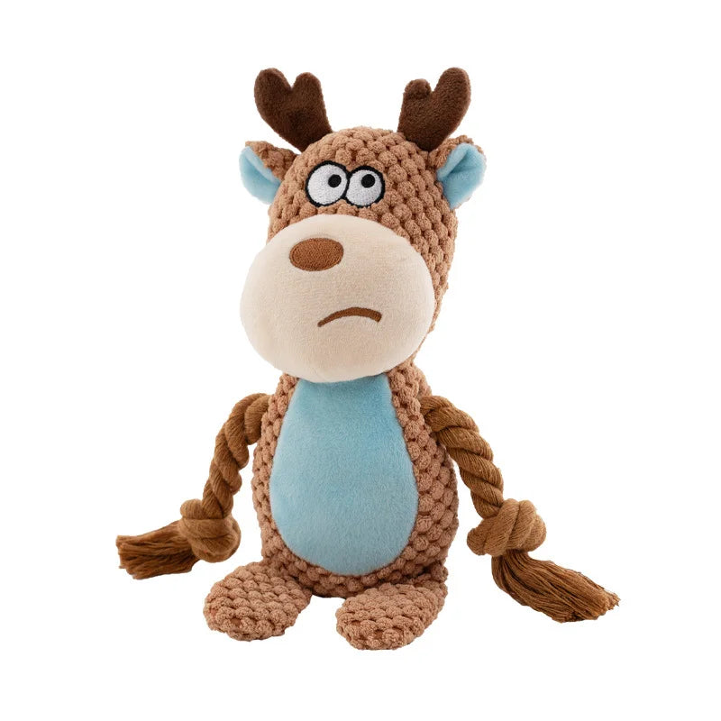 Cute Cartoon Animal Plush Dog Toy with Rope Legs & BB Squeaker - Interactive Chew & Tug Toy for Puppies & Dogs